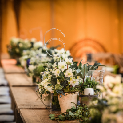 Warm gold theme idea for marquee wedding with long trestle tables and flowers