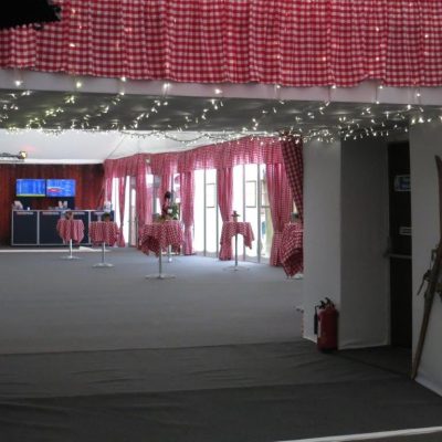 Gingham curtain and valence to drape and entrance arch