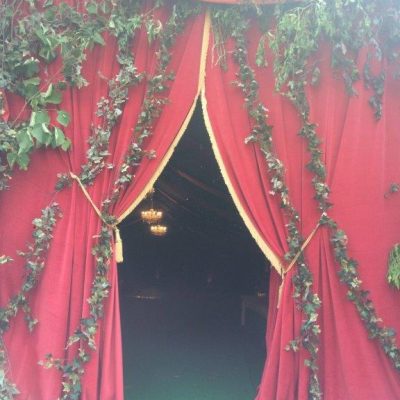 Velvet draped curtains with gold trim and ivy trails as a secret entrance to an enchanted garden