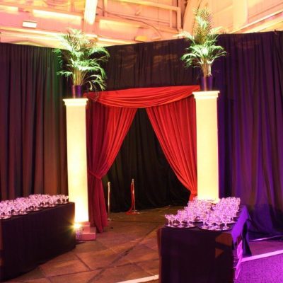 Velvet drapes frame the party entrance with two white marble style columns for hire palm trees and welcome drinks