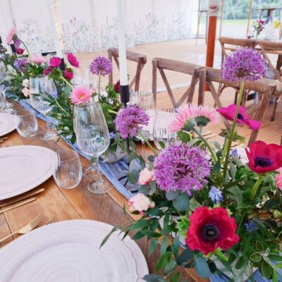 Botanical marquee wall linings behind a close up photograph of a edding breakfast set up