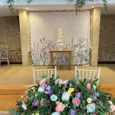 Flowers and botanical wall lining in Great Tythe Barn Cotswolds