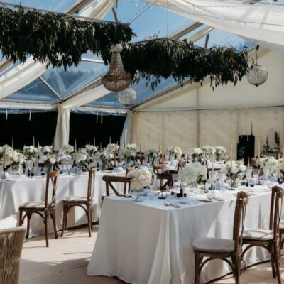 Clear marquee roofs and printed marquee wall linings ready for guests